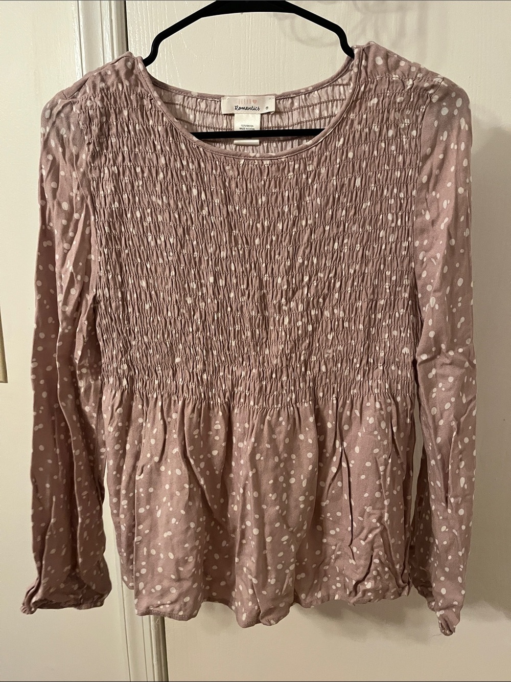 URBAN Romantics Dusty Mauve Polka Dot Smocked Long-Sleeve Top
